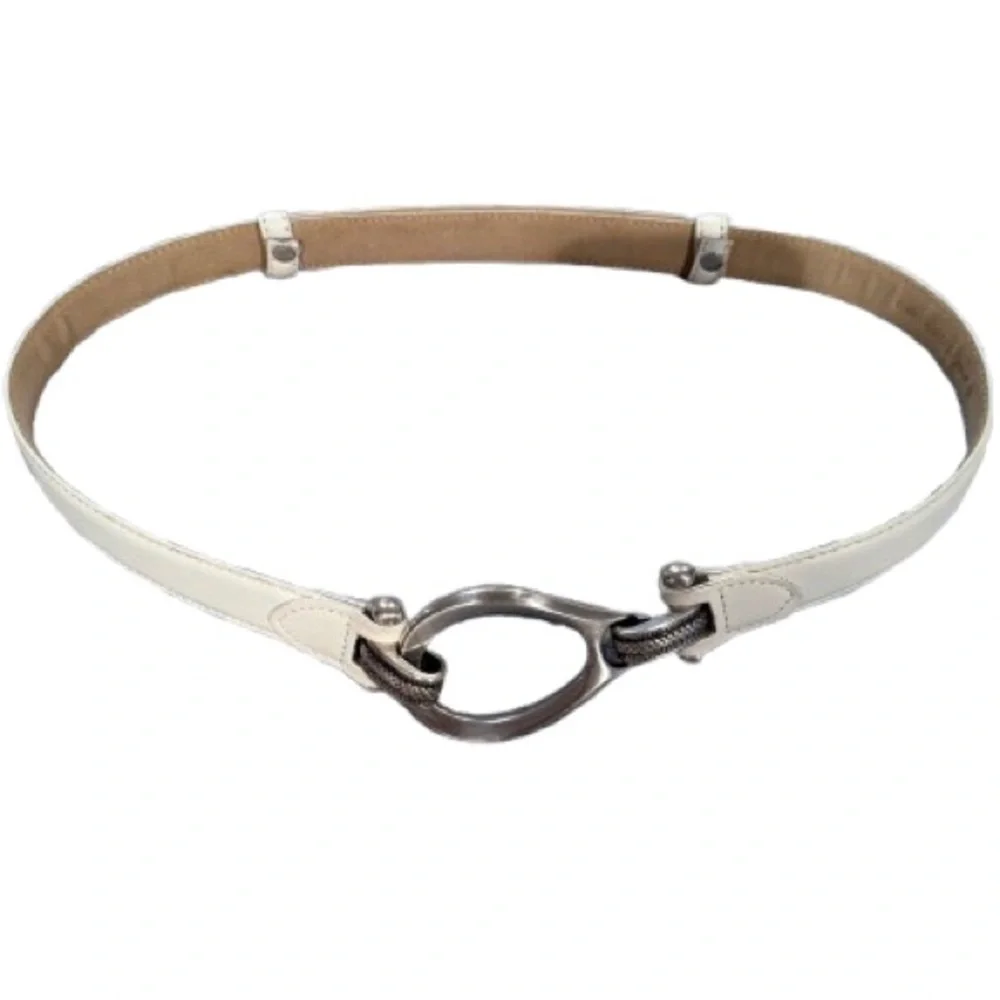 White Womens Leather Adjustable Belt Silver Buckle M/L- vintage inspired- boho